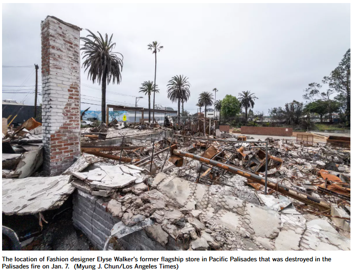 The location of Fashion designer Elyse Walker’s former flagship store in Pacific Palisades that was destroyed in the Palisades fire on Jan. 7. (Myung J. Chun/Los Angeles Times)