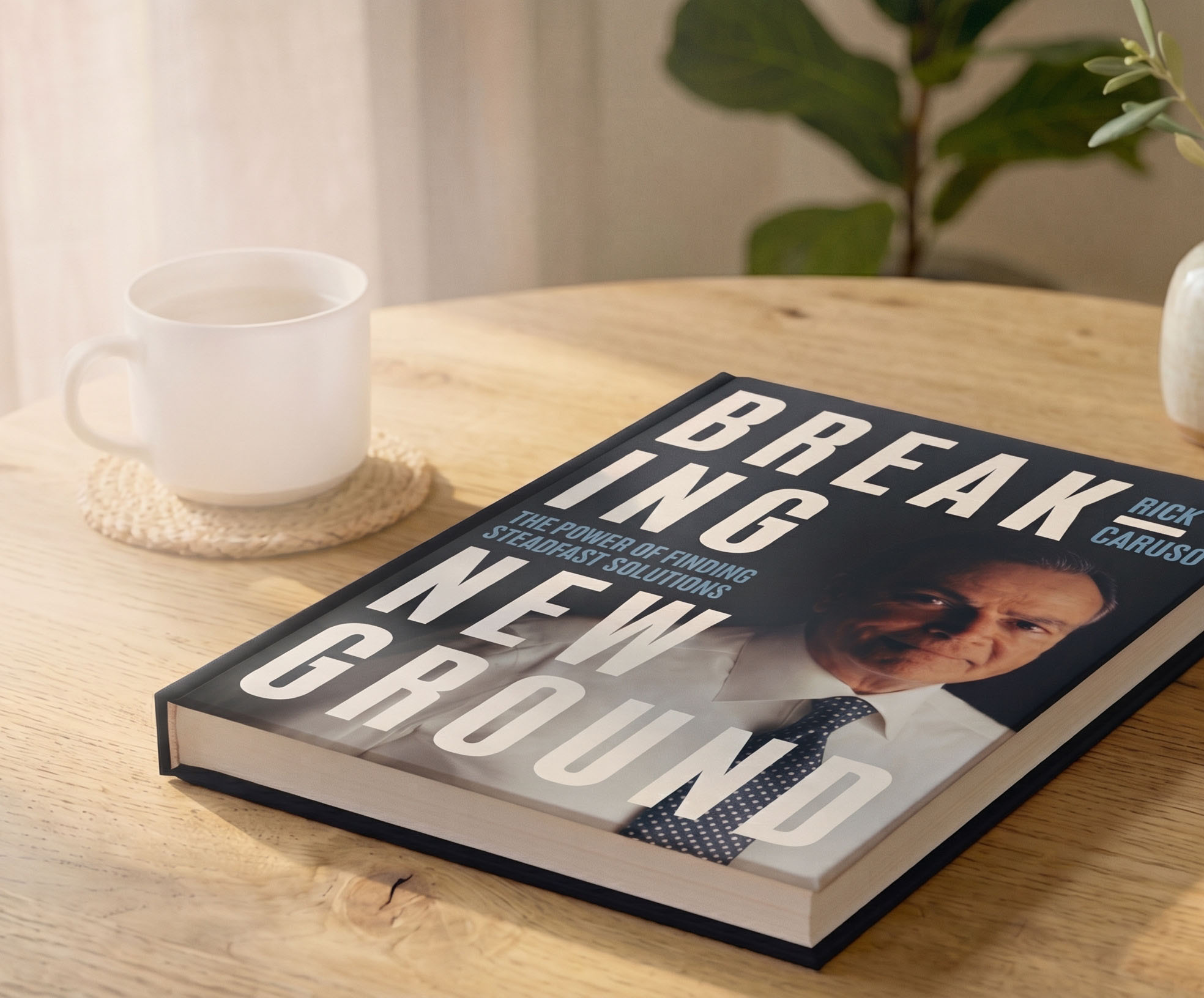 Breaking New Ground by Rick Caruso on a wooden table beside a coffee cup